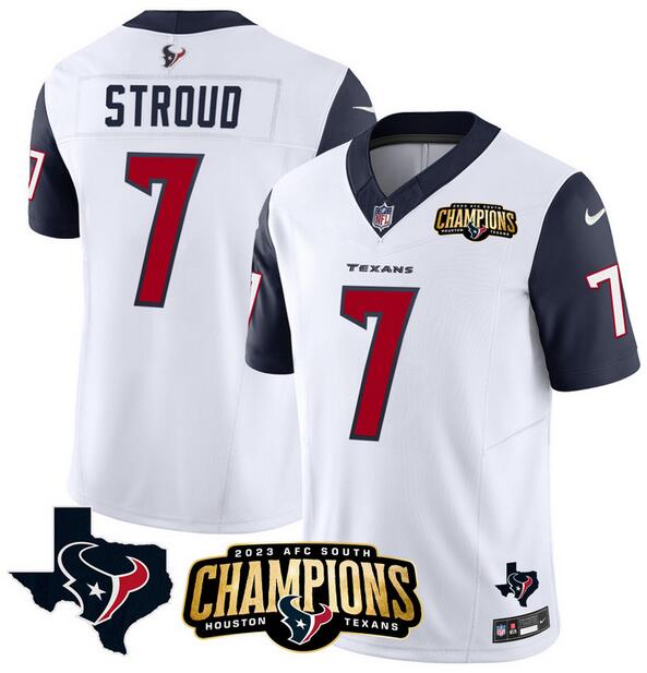 Men's Houston Texans #7 C.J. Stroud White/Navy 2023 F.U.S.E. AFC South Champions Patch And Team Logo Patch Vapor Untouchable Limited Football Stitched Jersey